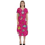 cute pink christmas pattern T-Shirt Midi Dress With Pockets