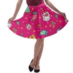 cute pink christmas pattern A-line Skater Skirt