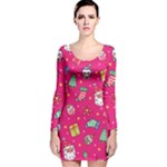 cute pink christmas pattern Long Sleeve Velvet Bodycon Dress