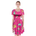 cute pink christmas pattern Short Sleeve V-neck Flare Dress