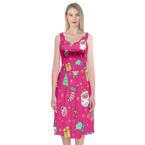 cute pink christmas pattern Midi Sleeveless Dress from ArtsNow.com