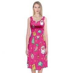 cute pink christmas pattern Midi Sleeveless Dress from ArtsNow.com