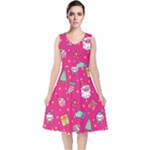 cute pink christmas pattern V-Neck Midi Sleeveless Dress 