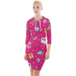 cute pink christmas pattern Quarter Sleeve Hood Bodycon Dress