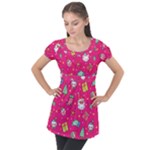 cute pink christmas pattern Puff Sleeve Tunic Top