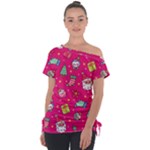 cute pink christmas pattern Off Shoulder Tie-Up T-Shirt