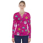 cute pink christmas pattern V-Neck Long Sleeve Top