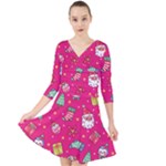 cute pink christmas pattern Quarter Sleeve Front Wrap Dress