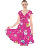 cute pink christmas pattern Cap Sleeve Front Wrap Midi Dress