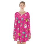 cute pink christmas pattern Long Sleeve Velvet V-neck Dress