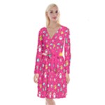 cute pink christmas pattern Long Sleeve Velvet Front Wrap Dress