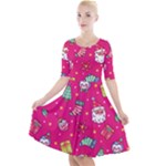 cute pink christmas pattern Quarter Sleeve A-Line Dress With Pockets