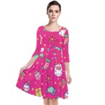 cute pink christmas pattern Quarter Sleeve Waist Band Dress