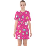 cute pink christmas pattern Sixties Short Sleeve Mini Dress