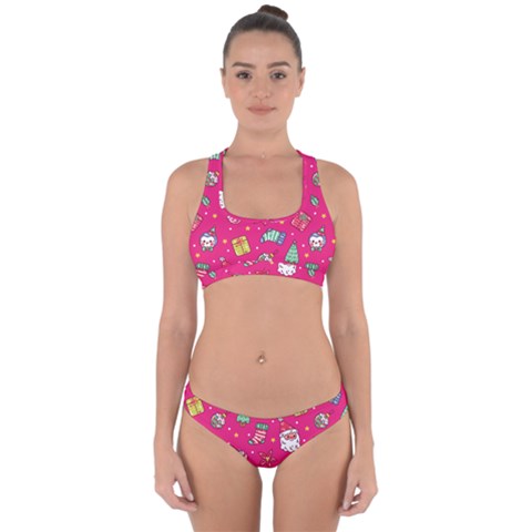 cute pink christmas pattern Cross Back Hipster Bikini Set from ArtsNow.com