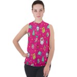 cute pink christmas pattern Mock Neck Chiffon Sleeveless Top