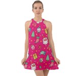 cute pink christmas pattern Halter Tie Back Chiffon Dress