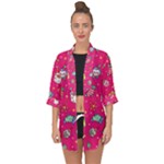 cute pink christmas pattern Open Front Chiffon Kimono