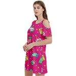 cute pink christmas pattern Women s Cold Shoulder Round Neck Mini Dress