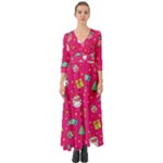 cute pink christmas pattern Button Up Boho Maxi Dress