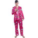 cute pink christmas pattern Men s Long Sleeve Satin Pajamas Set