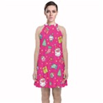 cute pink christmas pattern Velvet Halter Neckline Dress 