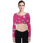 cute pink christmas pattern Velvet Long Sleeve Crop Top