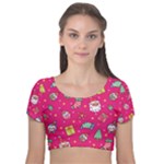 cute pink christmas pattern Velvet Short Sleeve Crop Top 