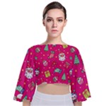 cute pink christmas pattern Tie Back Butterfly Sleeve Chiffon Top