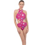 cute pink christmas pattern Halter Side Cut Swimsuit