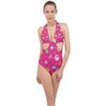 cute pink christmas pattern Halter Front Plunge Swimsuit