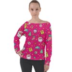 cute pink christmas pattern Off Shoulder Long Sleeve Velour Top