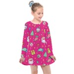 cute pink christmas pattern Kids  Long Sleeve Dress