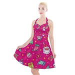 cute pink christmas pattern Halter Party Swing Dress 