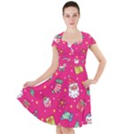 cute pink christmas pattern Cap Sleeve Midi Dress With Pockets