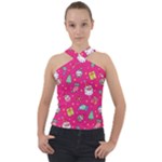 cute pink christmas pattern Cross Neck Velour Top