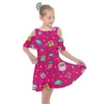 cute pink christmas pattern Kids  Shoulder Cutout Chiffon Dress