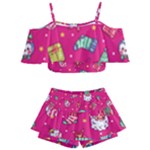 cute pink christmas pattern Kids  Off Shoulder Skirt Bikini