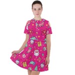 cute pink christmas pattern Short Sleeve Shoulder Cut Out Dress 