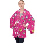 cute pink christmas pattern Long Sleeve Velvet Kimono 