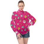 cute pink christmas pattern High Neck Long Sleeve Chiffon Top