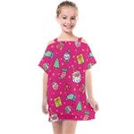 cute pink christmas pattern Kids  One Piece Chiffon Dress