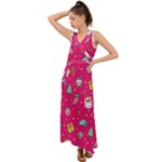 cute pink christmas pattern V-Neck Chiffon Maxi Dress