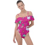 cute pink christmas pattern Frill Detail One Piece Swimsuit