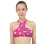 cute pink christmas pattern High Neck Bikini Top