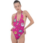 cute pink christmas pattern Backless Halter One Piece Swimsuit