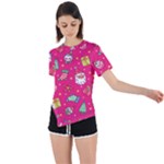 cute pink christmas pattern Asymmetrical Short Sleeve Sports T-Shirt