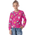 cute pink christmas pattern Kids  Long Sleeve T-Shirt with Frill 