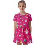 cute pink christmas pattern Kids  Short Sleeve Pinafore Style Dress