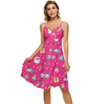 cute pink christmas pattern Sleeveless Tie Front Chiffon Dress